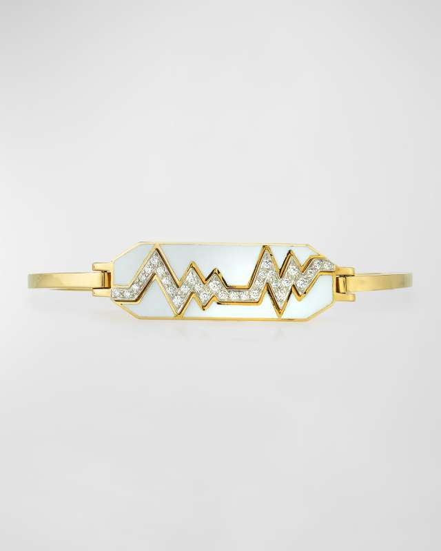 "Motif" 18k Gold Diamond Skip Zigzag Bracelet with White Enamel & Platinum